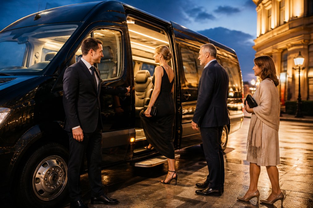 A chauffeur in a dark suit holding the door for elegantly dressed guests boarding a modern charter minibus outside a city venue at dusk, warm lights glowing from the vehicle interior
