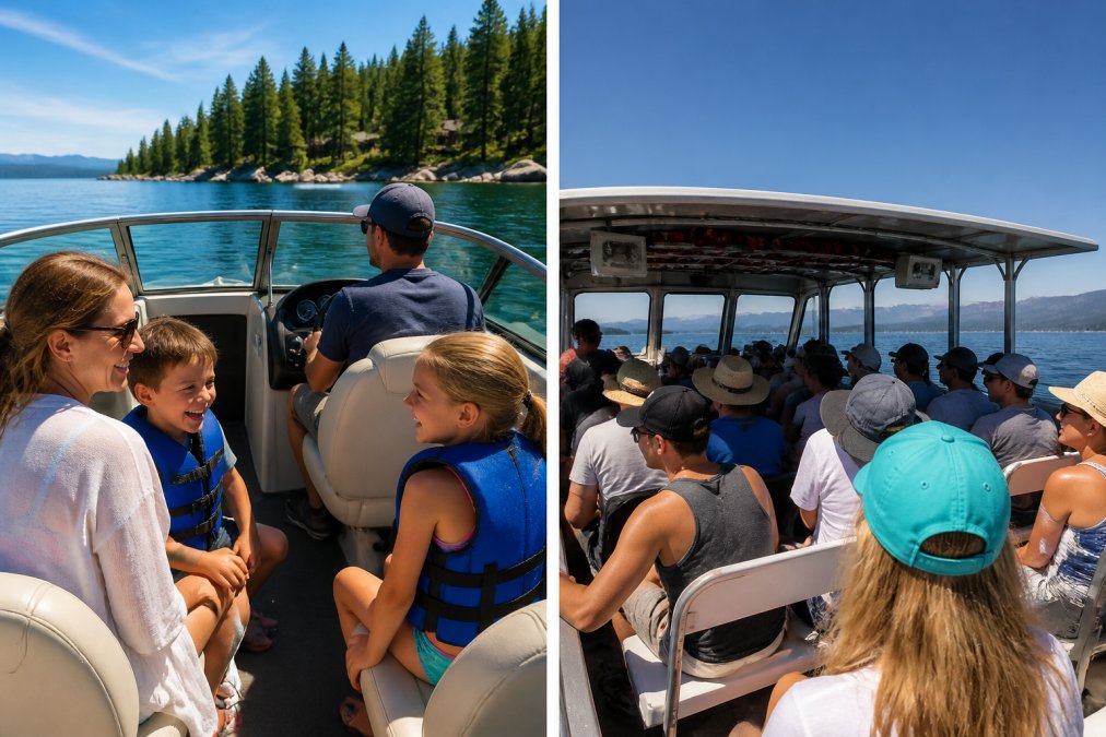 A small happy family of four aboard a private speedboat on clear blue alpine lake water, forested Sierra Nevada shoreline in the background, captain at the helm in bright midday sunshine