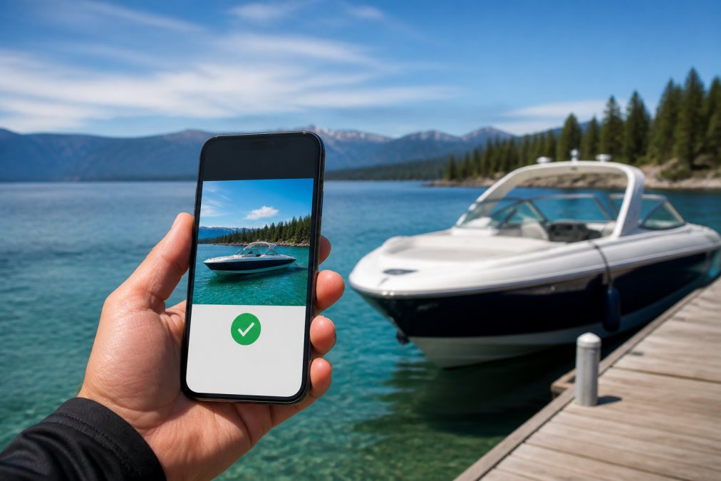 Person holding a smartphone displaying a booking confirmation screen with a boat moored at a sunny lakeside dock visible in the background, clear blue water and mountains in the distance