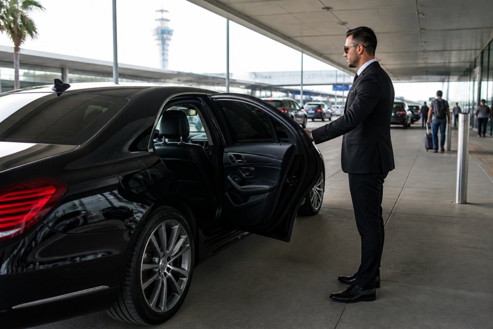 A sleek black executive sedan parked at an airport terminal entrance with professional lighting, a uniformed chauffeur in dark suit standing beside the open passenger door, modern airport architecture visible in background
