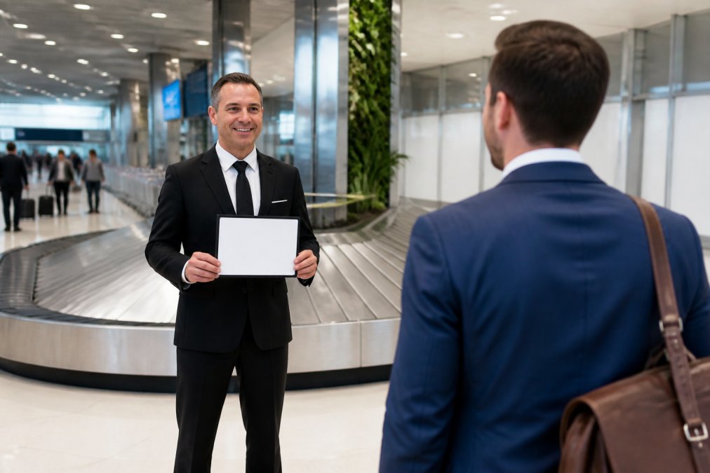 A professional chauffeur in tailored dark business suit holding a nameplate sign with passenger name in an airport baggage claim area, welcoming an arriving business traveler with a warm, professional demeanor, modern airport interior visible