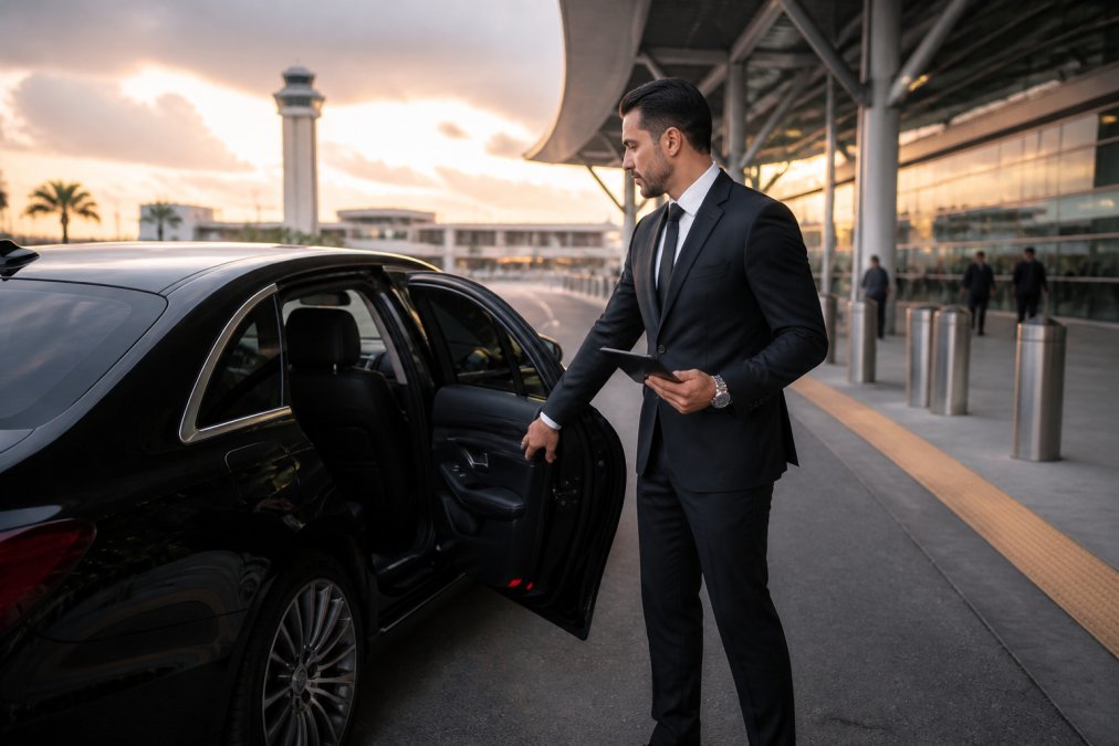 Chauffeur opening the door of a black sedan for luxury airport transportation at a modern Miami terminal.