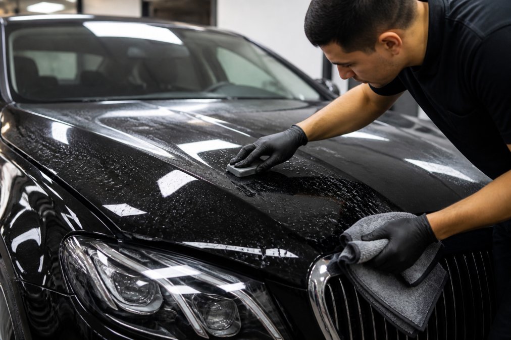 Infographic detailing the process steps to book luxury car detailing through professional hand wash and clay bar care.