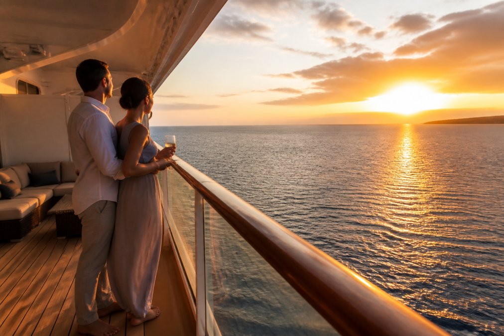 A couple standing on the private balcony of a luxury cruise ship suite, looking out over calm blue ocean water at sunset, champagne glasses in hand, warm golden light casting long shadows across the deck