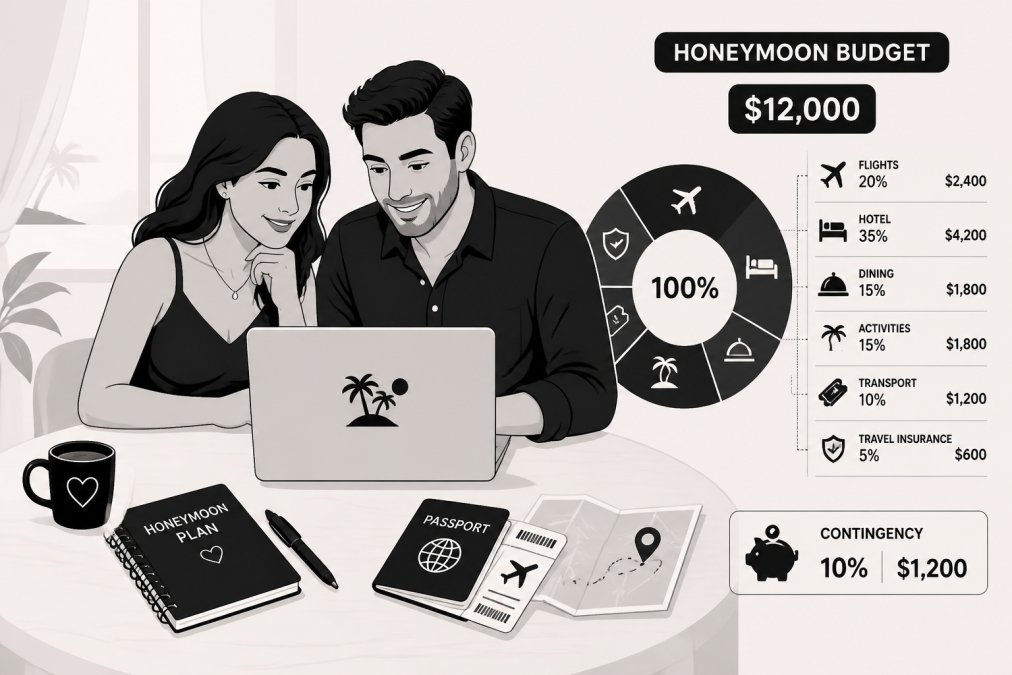 Engaged couple reviewing honeymoon budget and itinerary together on a laptop at a dining table, with travel documents, a notebook, and a coffee mug nearby in soft natural lighting