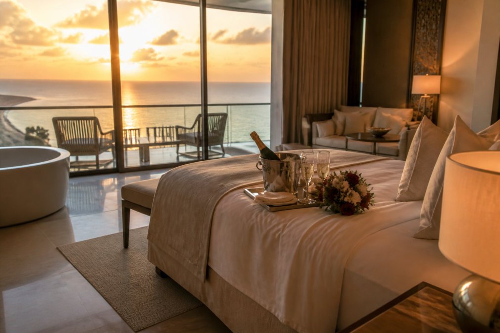 Luxurious resort suite with panoramic ocean view, premium bedding, a bottle of champagne chilling on ice in a silver bucket, fresh flowers, and romantic ambient lighting from sunset through floor-to-ceiling windows