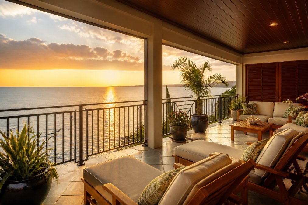 A wide covered lanai with comfortable teak lounge chairs and potted tropical plants overlooking a calm Pacific ocean bathed in warm golden-hour light, with a distant horizon line visible
