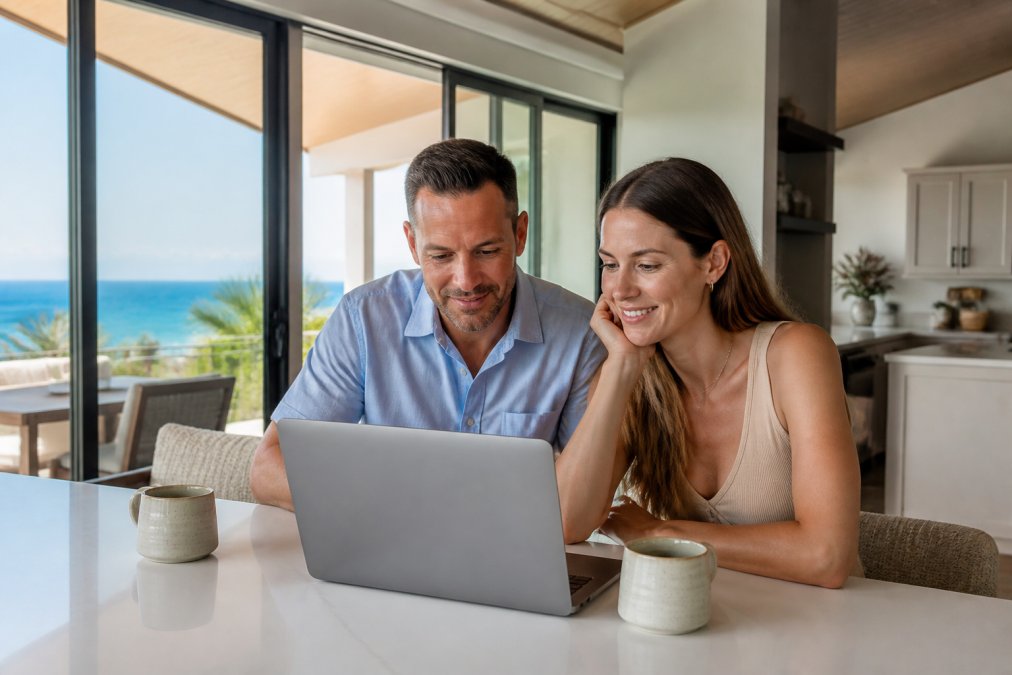 A couple seated at a bright, modern kitchen table with a laptop open to a vacation rental booking page, two ceramic coffee cups nearby, and a wide sliding glass door behind them revealing a turquoise ocean view in morning light