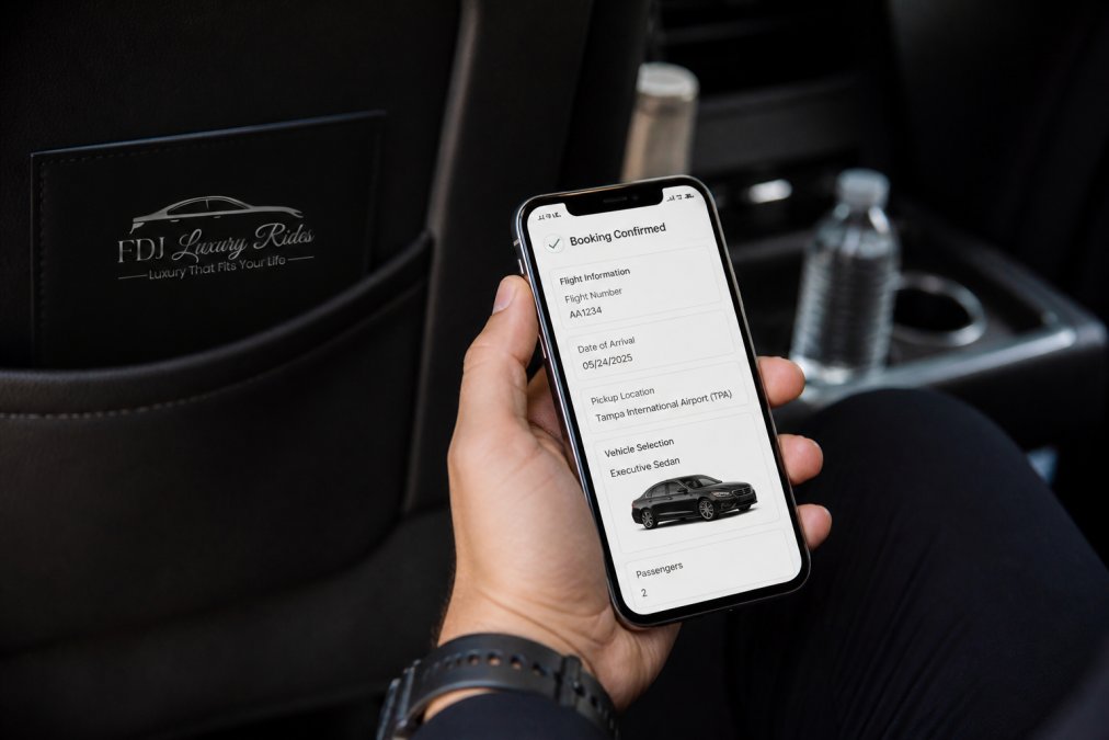 Smartphone screen showing the booking form for how to book luxury transport at TPA with flight and vehicle details