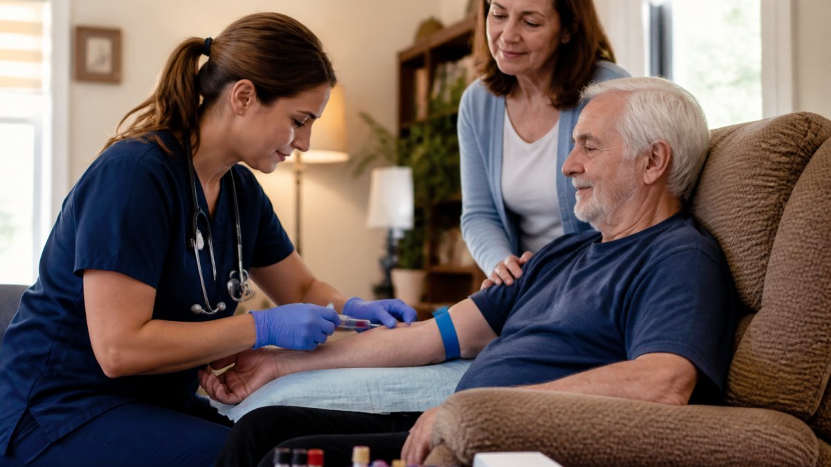 Mobile phlebotomy professional performing a blood draw for an elderly patient in a comfortable living room setting.
