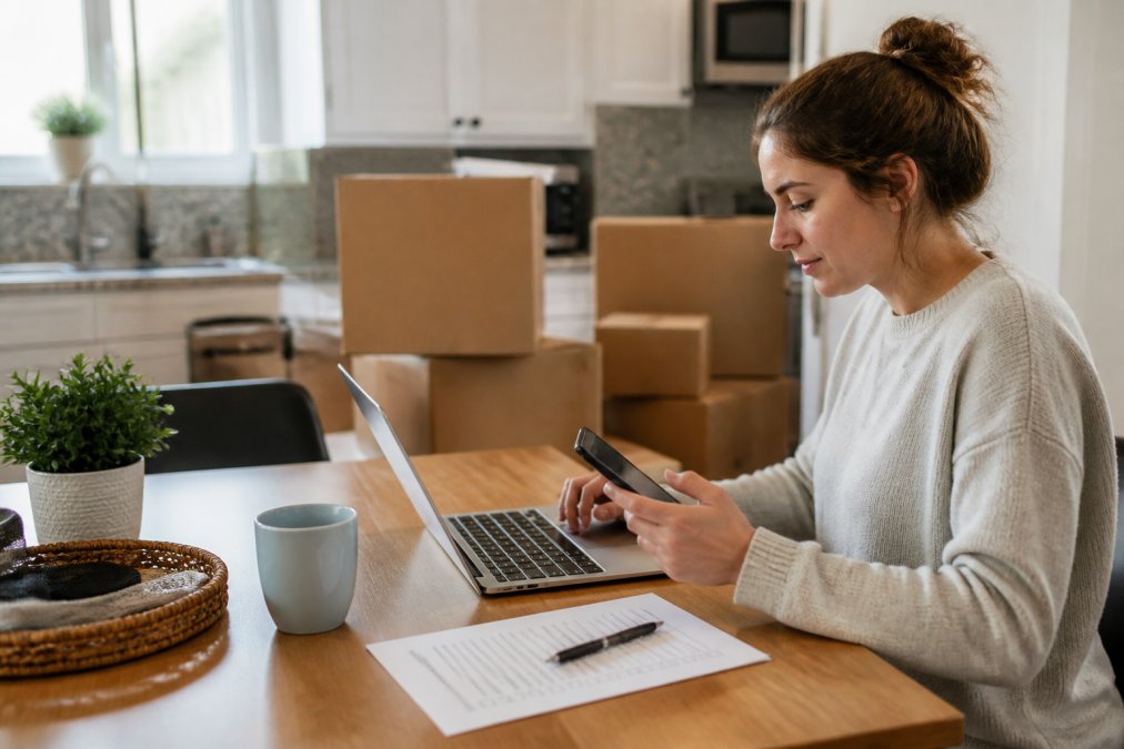 A person sitting at a kitchen table with a laptop, phone, and a printed move-out checklist, booking a cleaning appointment in a bright home with moving boxes in the background