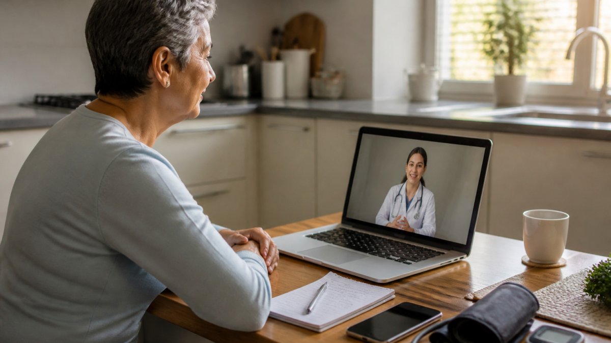 A person sitting at a kitchen table with a laptop open to a video call, a notepad with a handwritten list of questions, a smartphone, and a blood pressure cuff nearby, warm natural light through a window