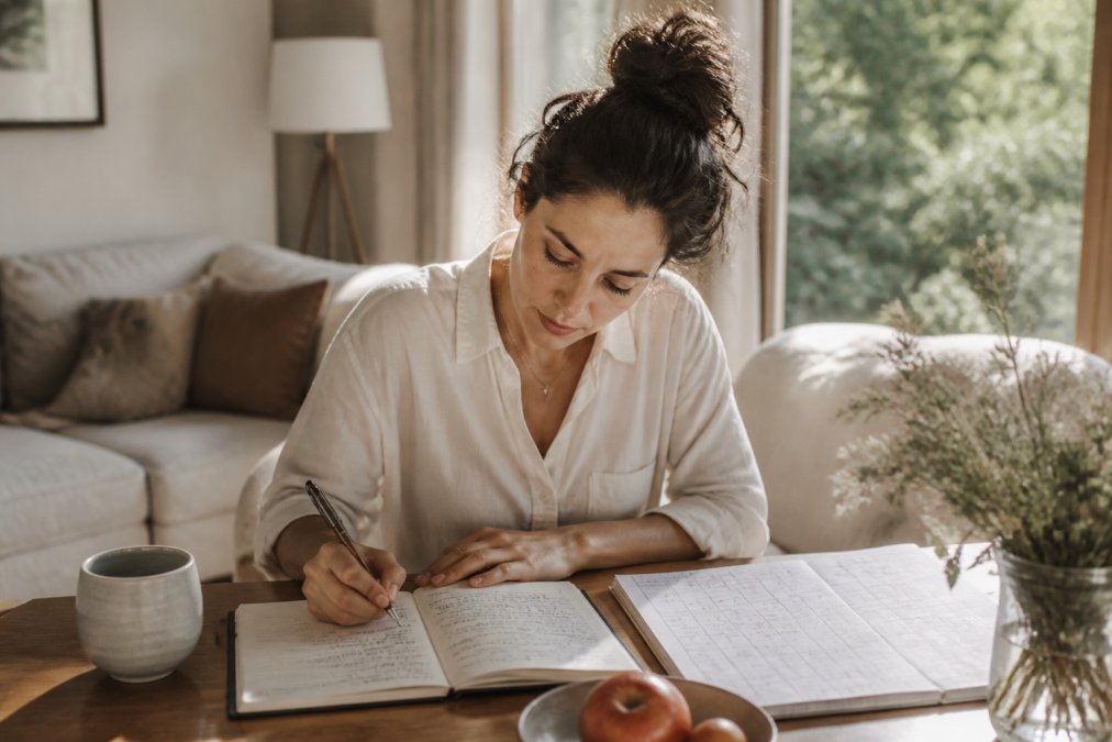 Woman sitting at a desk with a notebook and calendar, thoughtfully writing notes about her symptoms and tracking her menstrual cycle in natural afternoon light
