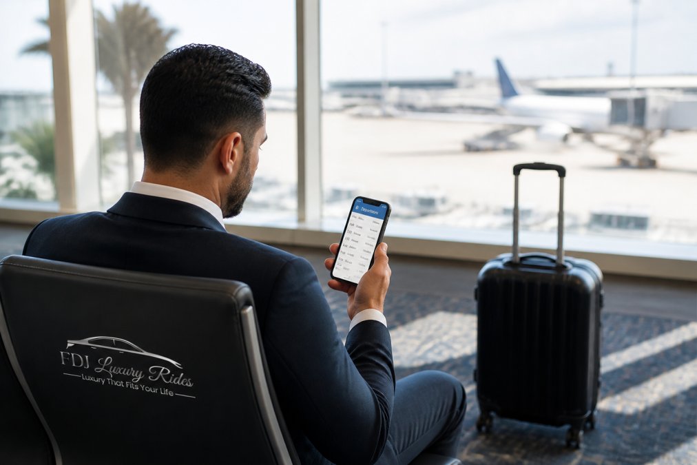 Business traveler at airport terminal holding smartphone, reviewing flight details on mobile screen with roller luggage visible in background, natural airport lighting