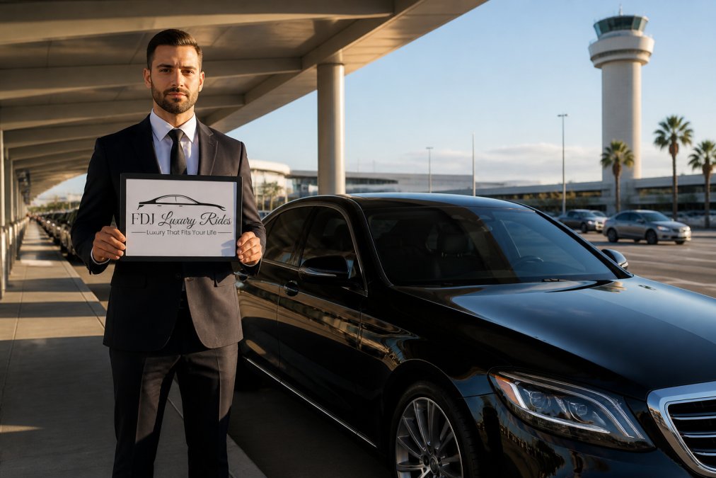 Professional chauffeur in dark suit standing beside luxury black sedan in airport ground transportation zone, holding welcome sign with passenger name, afternoon lighting