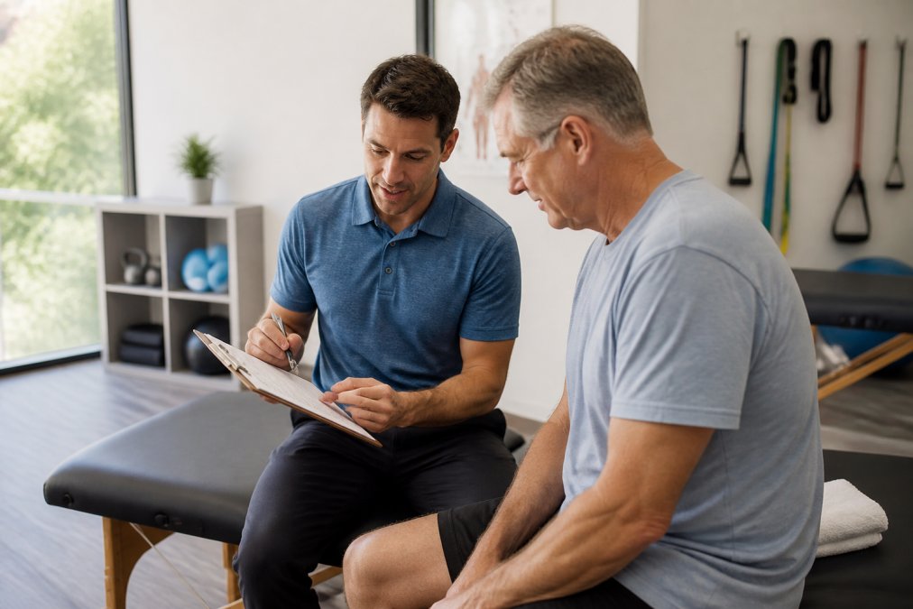 A physical therapist in a bright, modern clinic seated with a middle-aged patient, both reviewing notes during a one-on-one initial consultation