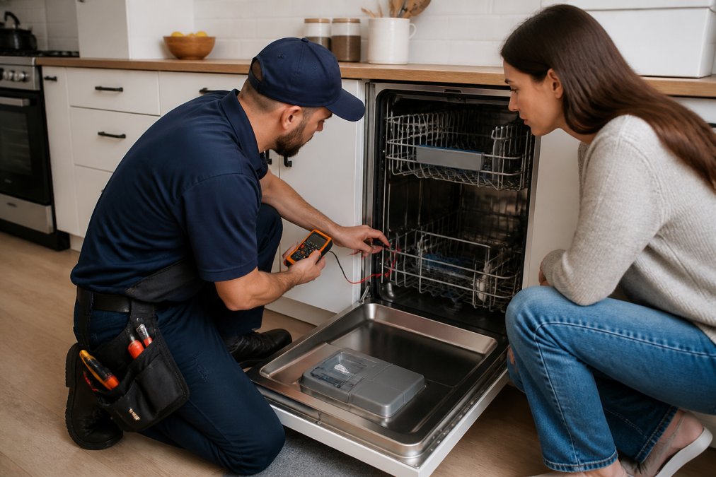 A uniformed appliance repair technician kneeling beside an open dishwasher in a bright, clean kitchen, holding a multimeter and inspecting the interior while a homeowner watches