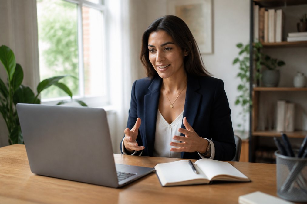 A professional in a smart blazer participating in a video coaching call from a tidy home office, notebook and pen on the desk, natural daylight through the window
