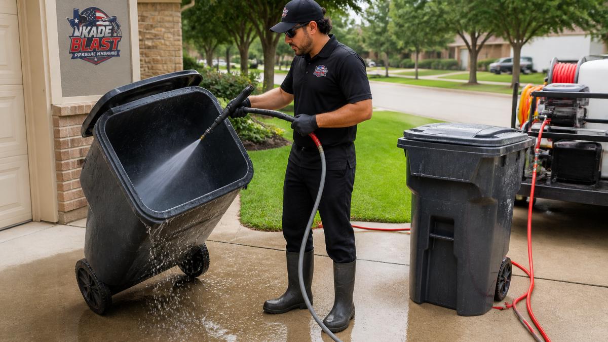 Technician using high-pressure equipment for residential trash bin cleaning on a suburban driveway