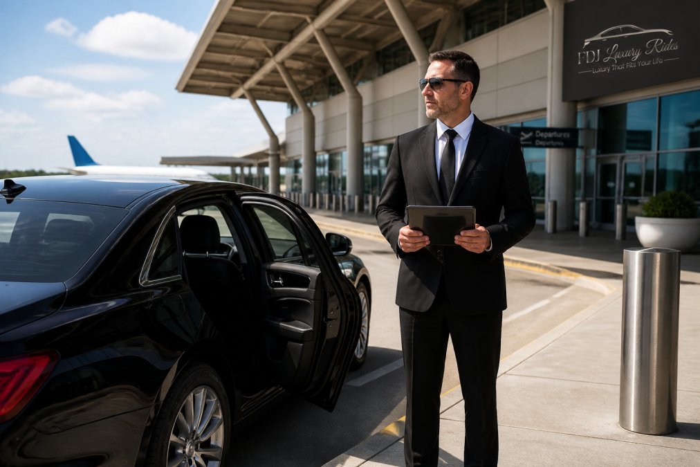 Professional airport chauffeur in a suit waiting with a tablet by a luxury sedan at the airport terminal entrance