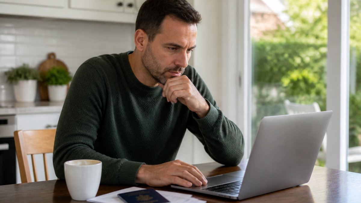 A traveller at a kitchen table reviewing a booking checklist on a laptop, passport and coffee cup beside the keyboard, soft morning light through a window