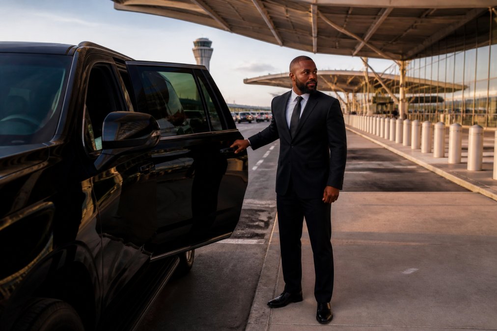 A professional chauffeur in a dark suit holding the door of a black luxury SUV outside the arrivals terminal at Charlotte Douglas International Airport, early morning light