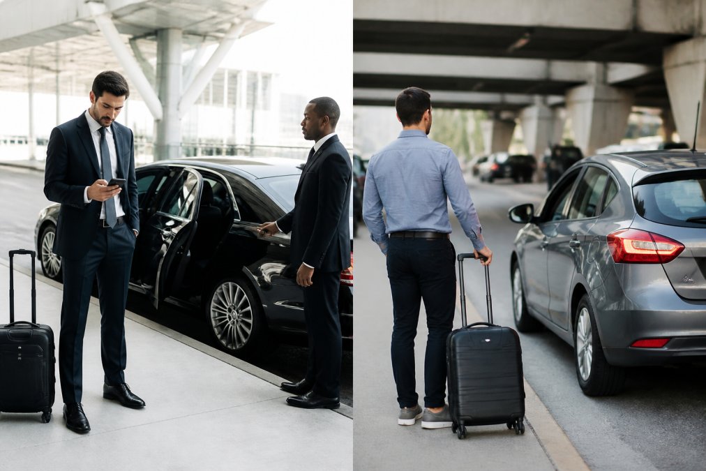Chauffeur opens the door of a luxury sedan for a business traveler needing reliable airport transportation.