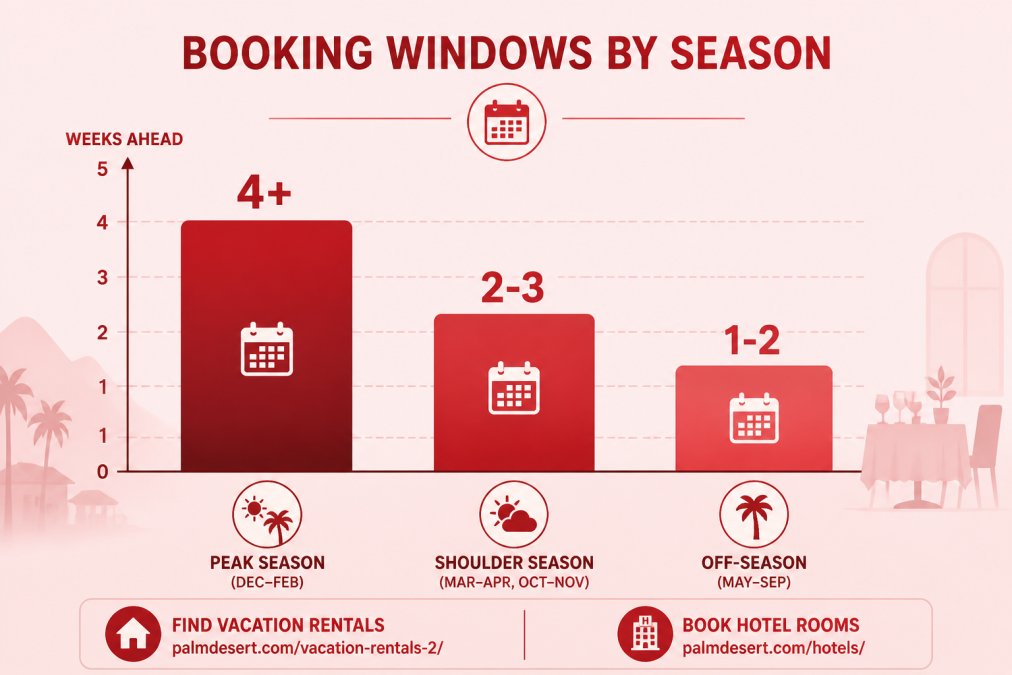Bar chart comparing booking windows by season: peak season (Dec-Feb) book 4+ weeks ahead, shoulder season (Mar-Apr, Oct-Nov) book 2-3 weeks ahead, off-season (May-Sep) book 1-2 weeks ahead