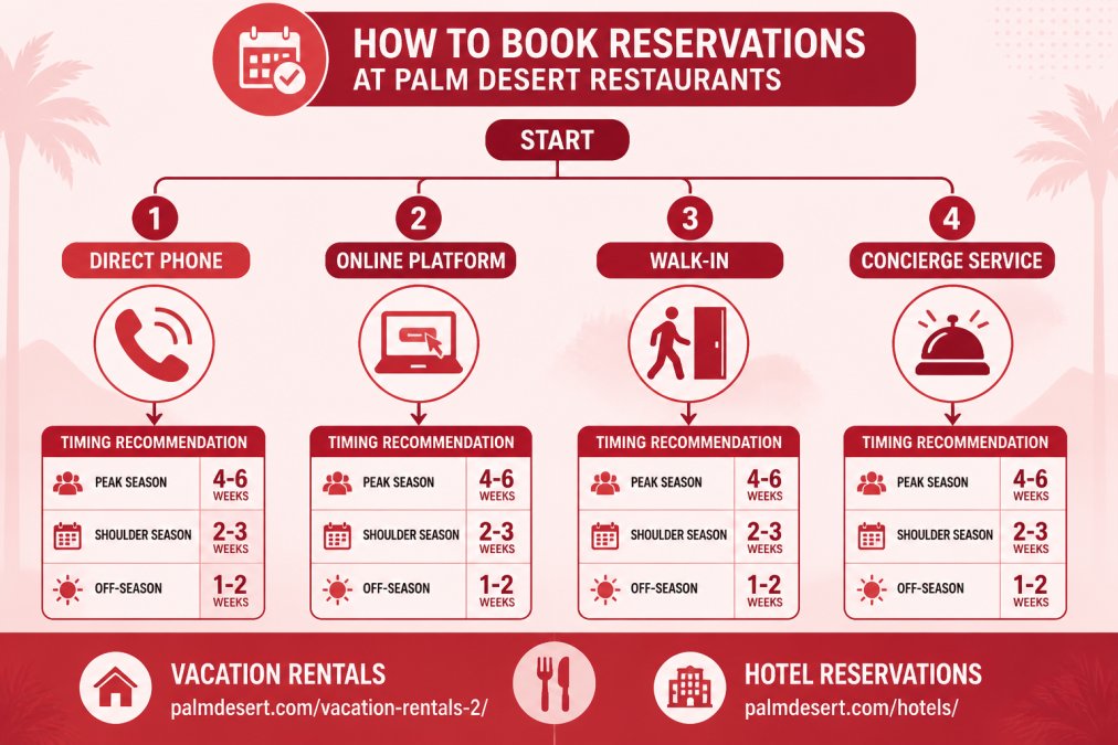 Flowchart showing the 4 main paths to booking: direct phone reservation, online platform, walk-in, or concierge service, with timing recommendations for each (peak season 4-6 weeks, shoulder 2-3 weeks, off-season 1-2 weeks)