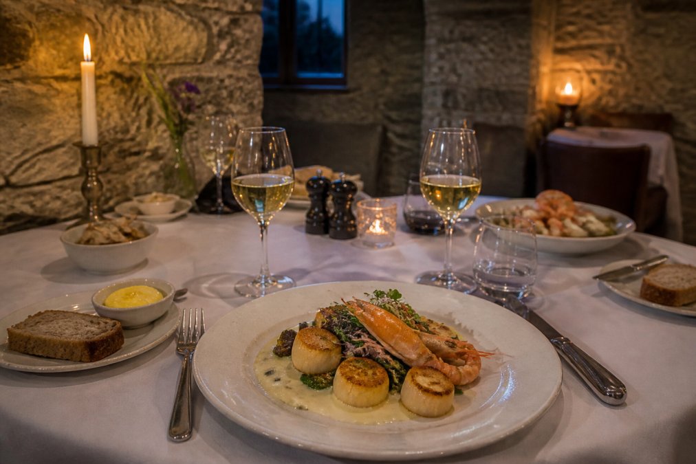 A warm, candlelit fine dining table set with locally sourced Scottish seafood dishes, wine glasses, and elegant plating in a rustic stone dining room