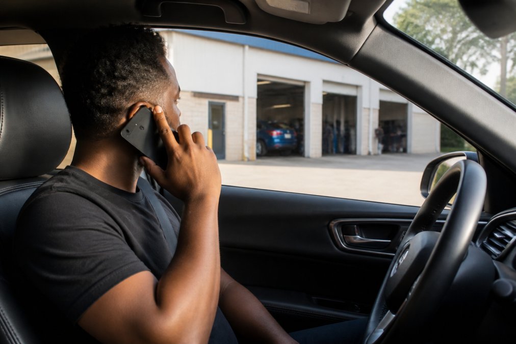 A customer sitting in a car outside an auto repair shop, talking on a smartphone while looking at the shop entrance, daylight, West Atlanta suburban setting