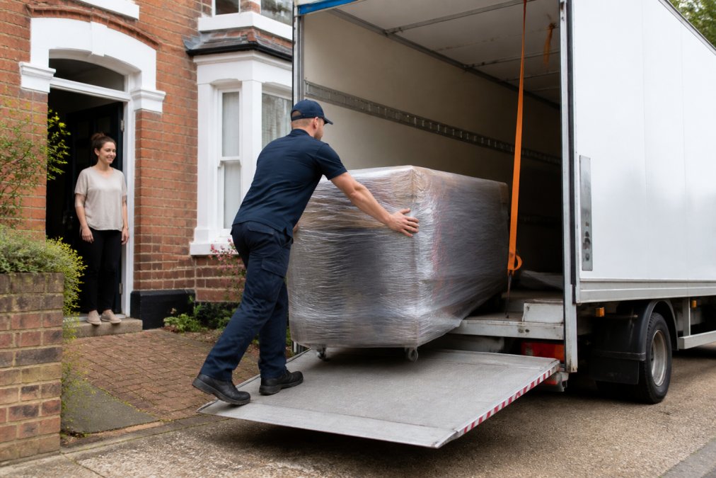 Courier loading a parcel into a Luton van for a same day collection service on a residential street