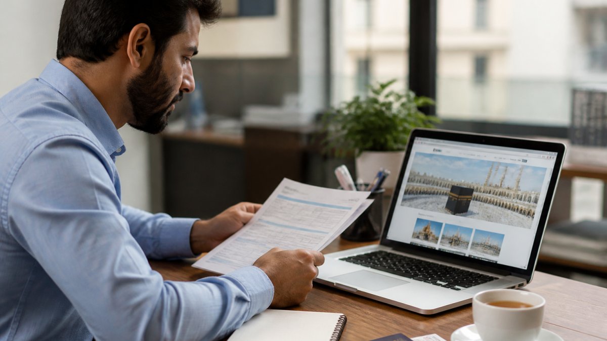 Professional reviewing travel documents and laptop showing travel agency website with cup of tea on desk