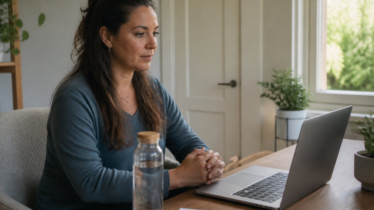 Person sitting in a comfortable chair at a desk with a laptop, soft natural lighting from a window, a closed door in the background, water bottle on the desk, and a calm home environment ready for a video session