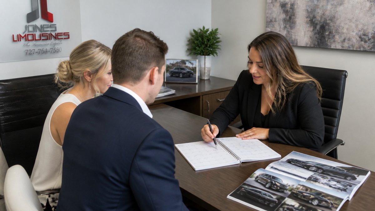 Professional transportation coordinator reviewing wedding day timeline and vehicle arrangements with couple at consultation desk, with calendar and fleet brochure visible