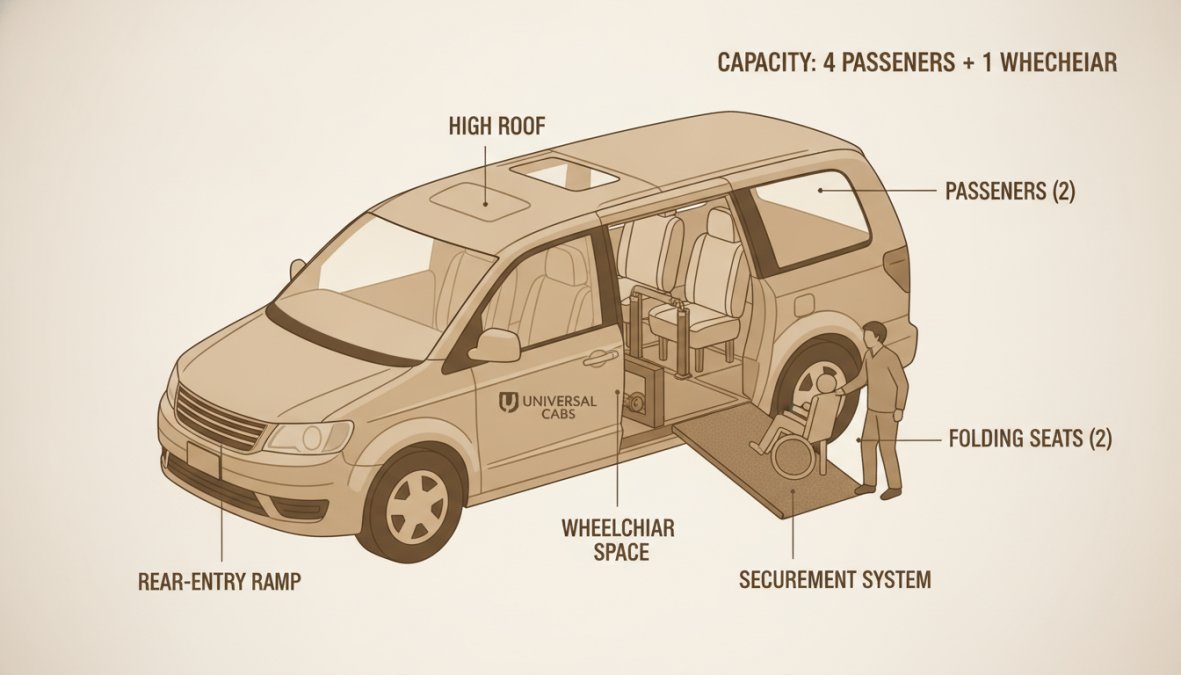 Wheelchair accessible vehicle with ramp fully deployed, showing spacious interior with securing systems and clear accessibility features designed for passenger assistance