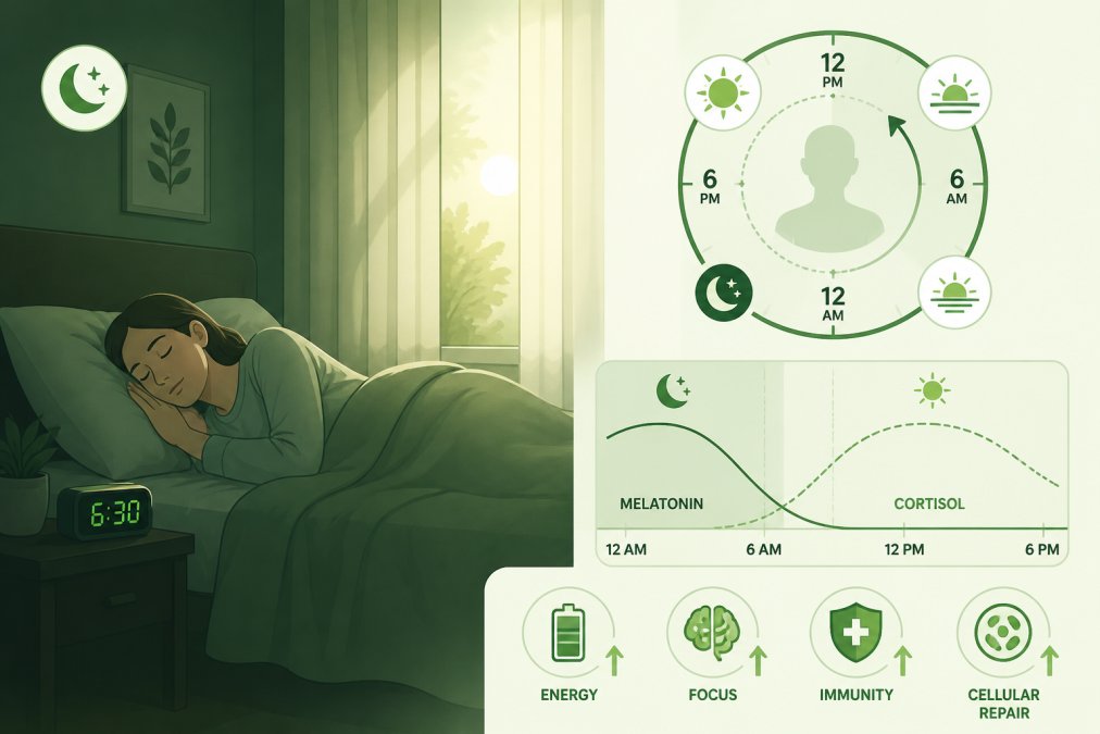 Person sleeping peacefully in a dark bedroom with soft morning sunlight filtering through curtains, showing a calm and restorative sleep environment