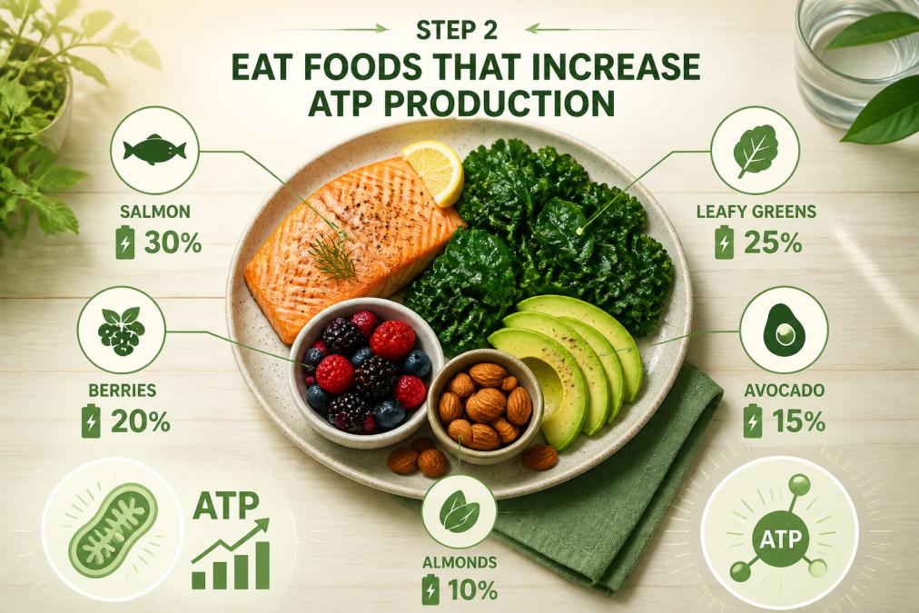 Overhead view of a nutrient-dense meal with wild-caught salmon, dark leafy greens, mixed berries, almonds, and avocado arranged on a wooden table with natural morning light