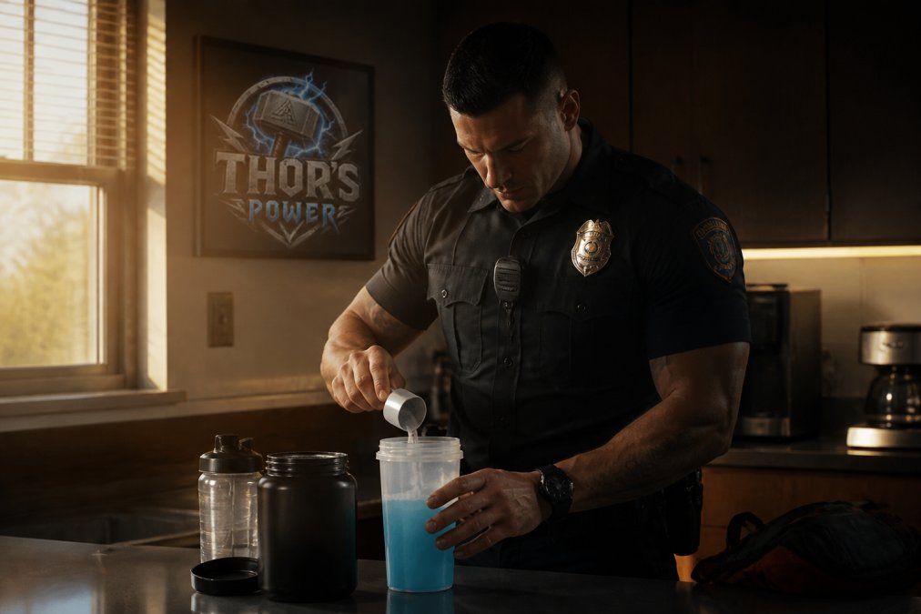 First responder mixing a caffeine-free drink in a shaker to boost endurance before a morning shift.