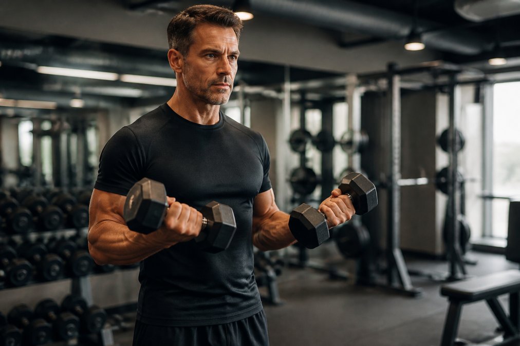 A fit man in his 40s lifting dumbbells in a well-lit gym, focused expression, wearing dark athletic wear, with weight racks and mirrors visible in the background under bright overhead lighting