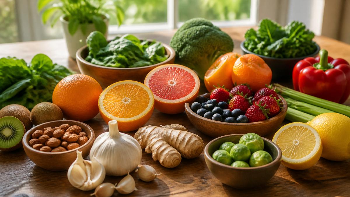 Colorful array of fresh produce including citrus fruits, leafy greens, garlic, and berries arranged on a wooden table with natural morning light streaming in