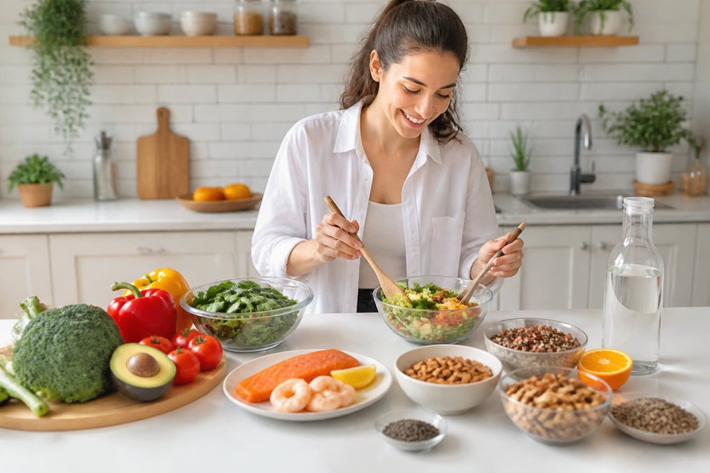 Person preparing a colourful meal with fresh vegetables, protein sources, nuts, seeds, and water on a bright kitchen counter, demonstrating nutrient-rich food choices for skin health