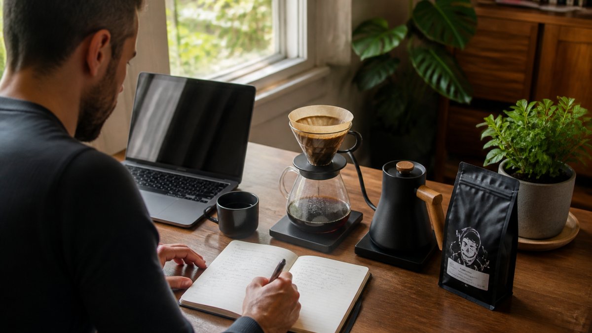 A remote worker at a tidy desk with a pour-over coffee setup, a laptop showing a calendar, and a notebook with a handwritten schedule, morning light through a window