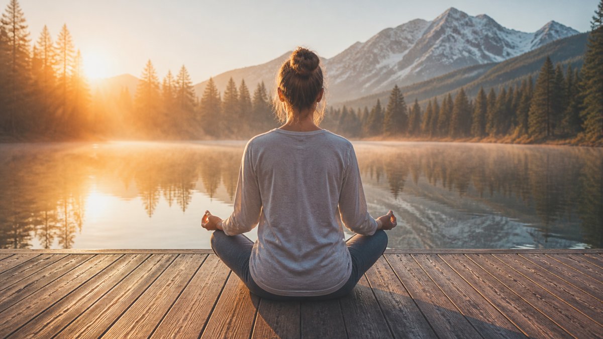 A person sitting cross-legged on a wooden dock at sunrise, eyes closed, hands resting on knees, calm lake and pine trees in the soft morning light
