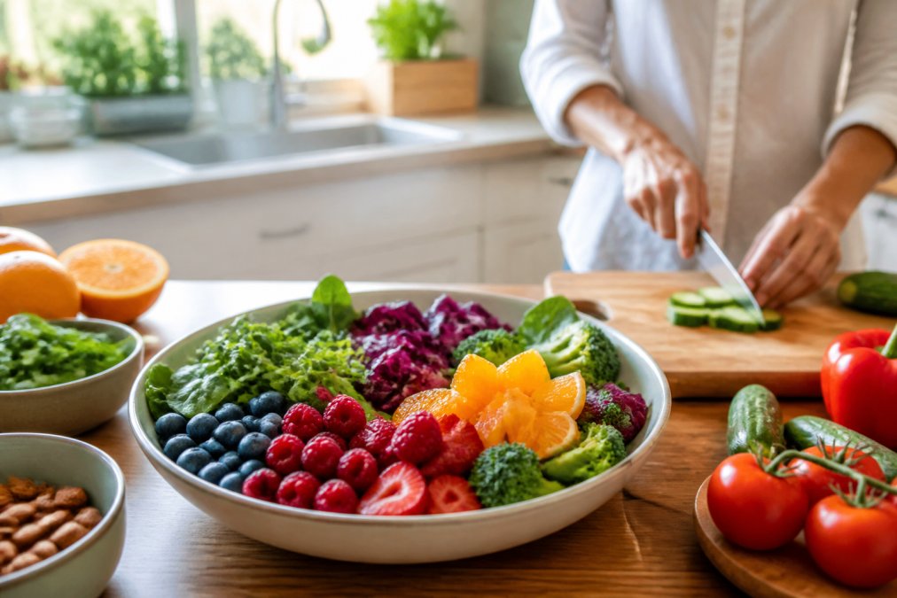 A colorful bowl of fresh vegetables and fruits including leafy greens, citrus, and berries on a wooden kitchen counter, with a person's hands preparing a healthy meal in a bright home kitchen