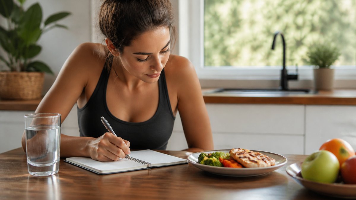 A person in a bright kitchen writing in a food journal next to a plate of grilled chicken and vegetables, a glass of water nearby, soft natural morning light