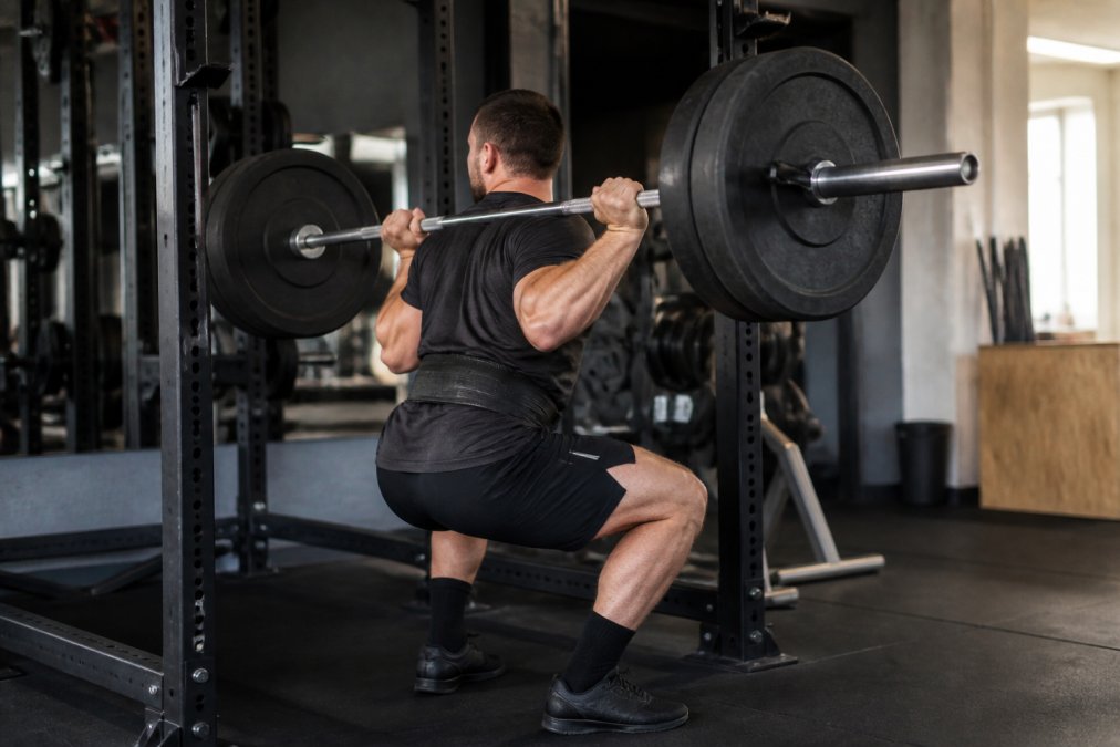 Athlete performing a compound barbell lift with controlled form and proper posture in a well-lit gym, demonstrating precise technique