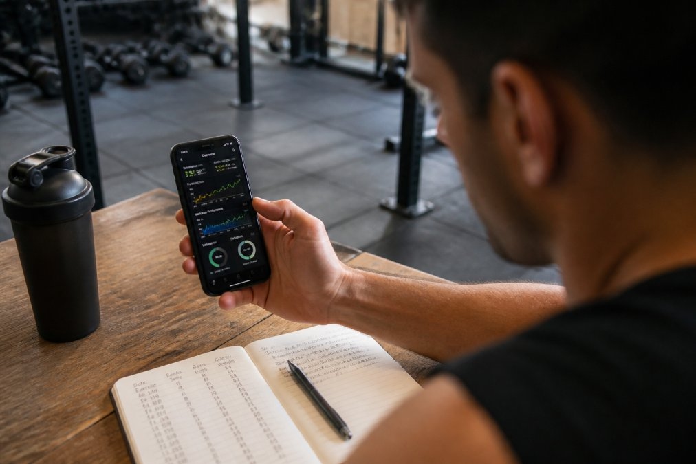Athlete reviewing detailed workout metrics on a smartphone fitness tracking app, with a training journal and pen on a desk showing recorded sets, reps, and weights