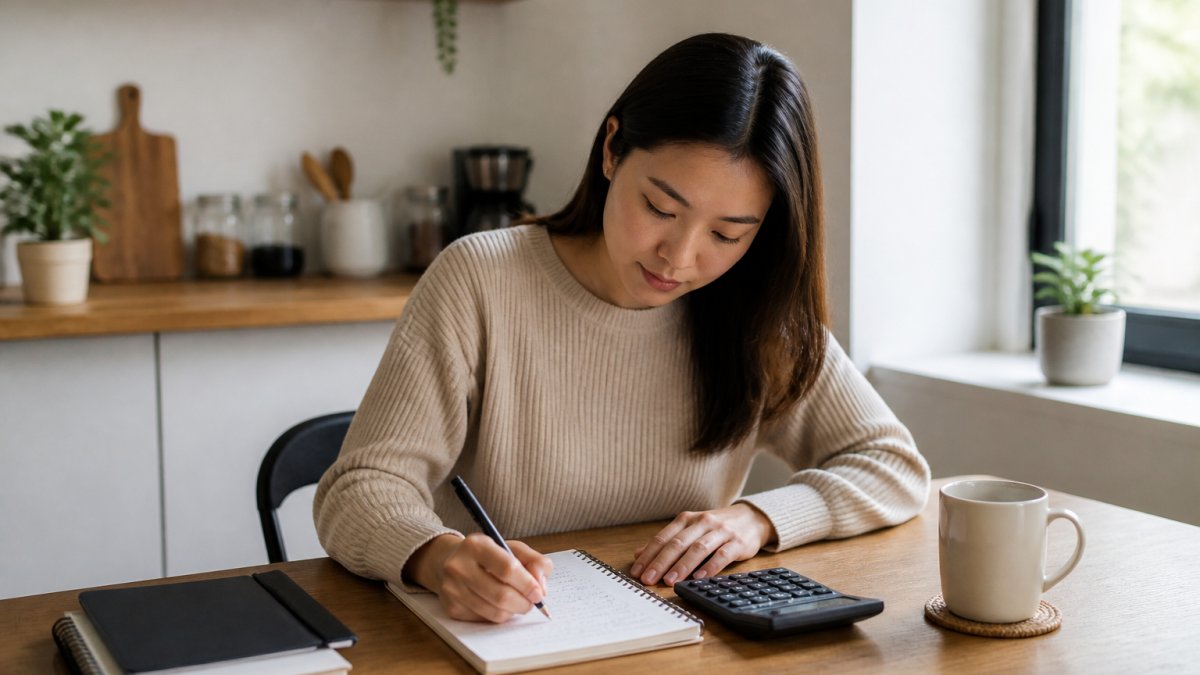 Person using a calculator and notebook to create a monthly savings plan at a kitchen table