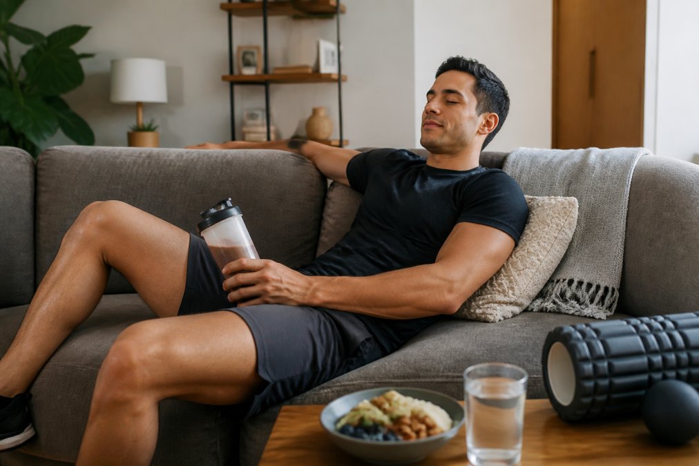 Person resting on couch with recovery drink in relaxed posture, natural home environment with wellness items nearby, soft natural lighting